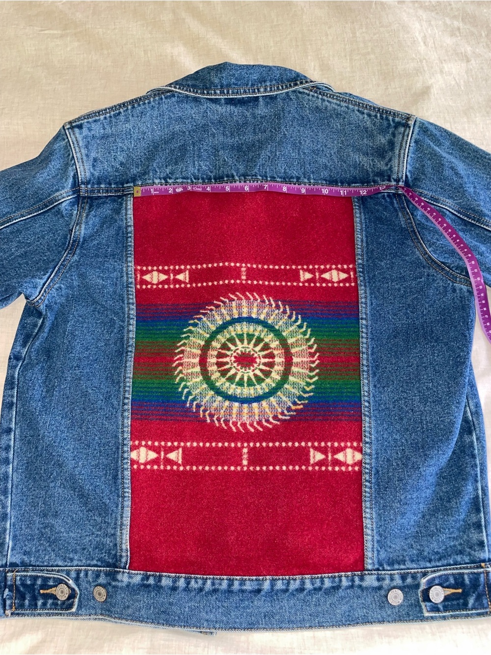 Pendleton Denim Jean Jacket Wool Aztec Geometric Panel Patch - Picture 13 of 13